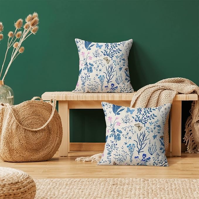 AEIOAE Summer Pillow Covers 22x22 Inch Set of 2,Blue Wild Flower Plant Throw Pillows Case,Seasonal Floral Outdoor Decorative Square Linen Farmhouse Decor Cushion Covers for Home Sofa Bed Couch