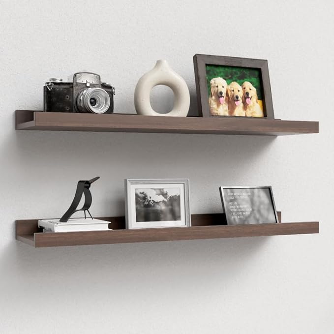 Boswillon Floating Shelves Set of 2, Long Wall Shelf with Lip, 24in, Walnut | Display Ledge Shelf for Room Wall, Wall Decor Shelves for Bathroom, Living Room, Bedroom, Kitchen, Nursery Room, Rustic, Wood