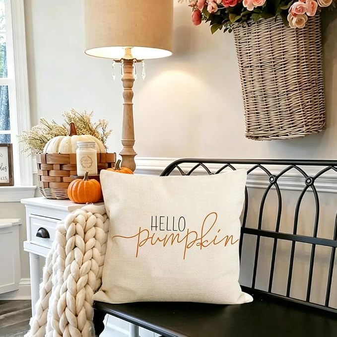 RABUSOFA Fall Pillow Covers 22x22 Inch Fall Decor for Home | Hello Pumpkin Lettering,Indoor Outdoor Use,Harvest Autumn Thanksgiving Decorations for Couch Sofa
