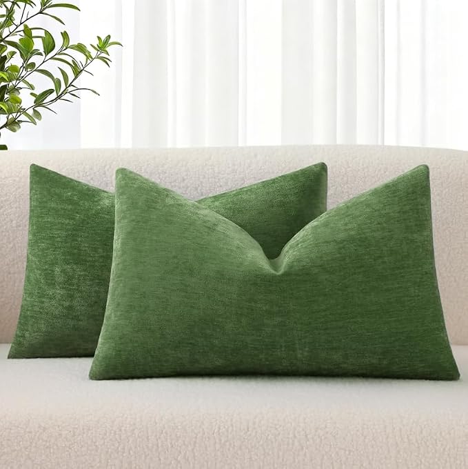 decorUhome Soft Chenille Moss Green Throw Pillow Covers 12X20 Set of 2 | Decorative Fall Couch Pillow Covers Solid Dyed Accent Modern Farmhouse Neutral Rectangle Pillow Cases for Sofa