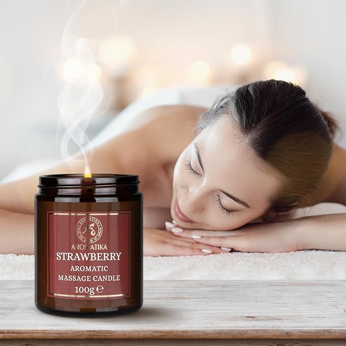 AROMATIKA Strawberry Scented Massage Candle - Soy Wax 3.5Oz - Relaxing Aromatherapy Candle - Glass Jar Gift