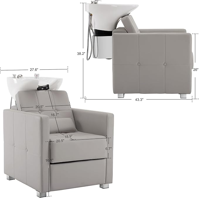 BarberPub Backwash Shampoo Station Chair, Adjustable Porcelain Ceramic Hair Wash Bowl, Vacuum Breaker, Professional Shampoo Chair and Bowl Unit for Salon and Spa 9309 (Gray)