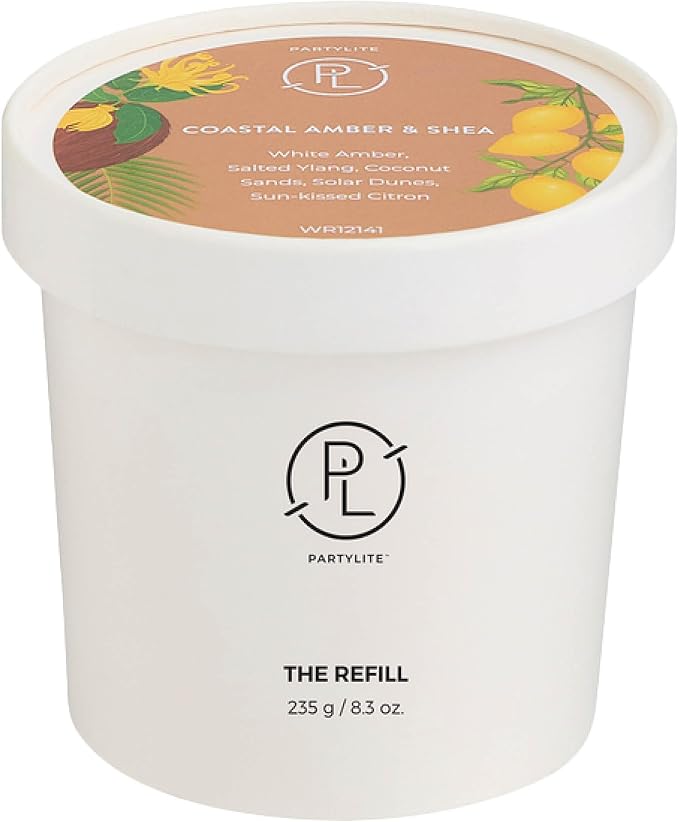 PartyLite Coastal Amber & Shea Scented Candle Refill, Notes of Ylang Ylang Flower, Citron & Coconut, 10oz 1-Wick Aromatherapy Candle, Up to 40 Hours of Luxury Fragrance, Sustainable Premium Soy Wax