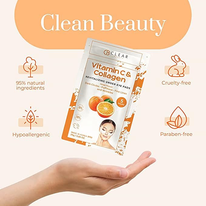 Clear Beauty Vitamin C & Collagen Under Eye Patches – Reduces Dark Circles, Puffiness & Fine Lines – Hydrating & Firming Eye Pads – Dermatologist Tested, Korean Skin Care, Vegan Clean Beauty – 5 Pairs