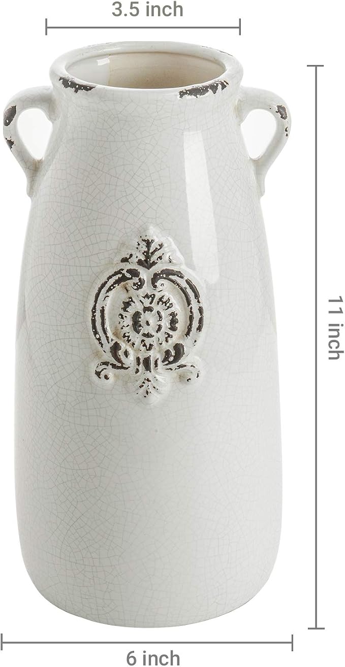 MyGift Farmhouse White Ceramic Vase with Handle and Embossed Seal Design, Antique Jug Shaped Tabletop Flower Vase | Embossed Seal Detail, Handle Design, Vintage Farmhouse Style, Floral Display, Rustic Home Accent, Decorative Centerpiece