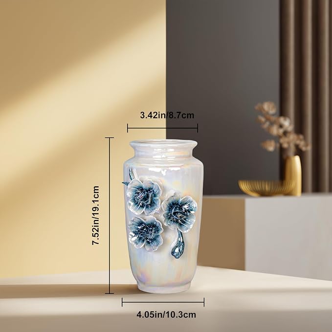 White Ceramic Vase 7 Inch - Small Modern Vase for Flowers, Boho & Farmhouse Decor for Bookshelf and Desk Decorations