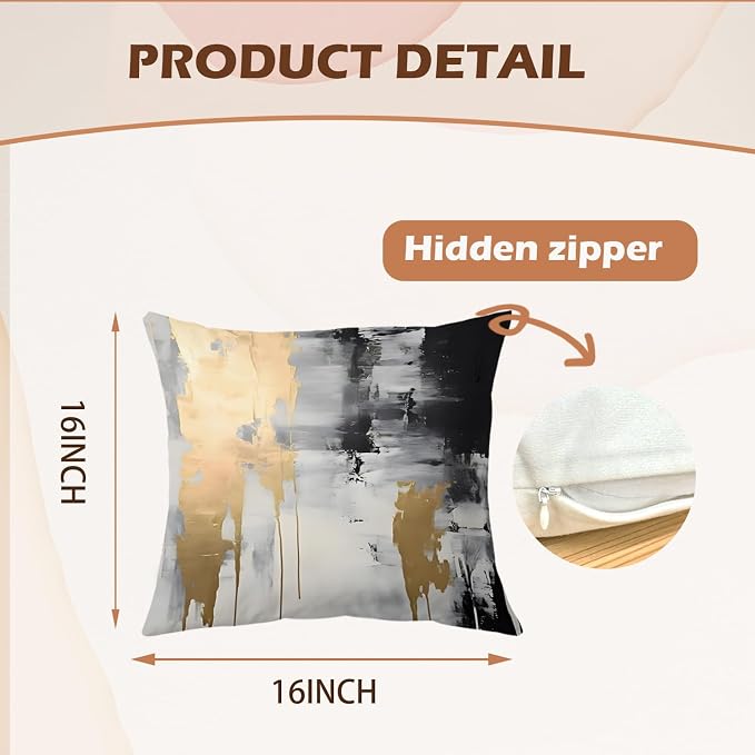 Abstract White & Gold Pillow Covers - 16x16 Set of 2, Modern Black & White for Couch, Bed & Living Room