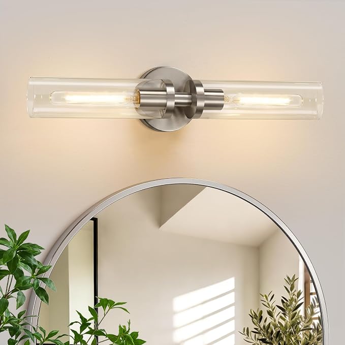 Indoi Brushed Nickel Wall Sconces, Hardwired Bathroom Sconces Vanity Light with Clear Glass, Modern Bathroom Vanity Lights fixtures for Mirror Bedroom Living Room Hallway Kitchen