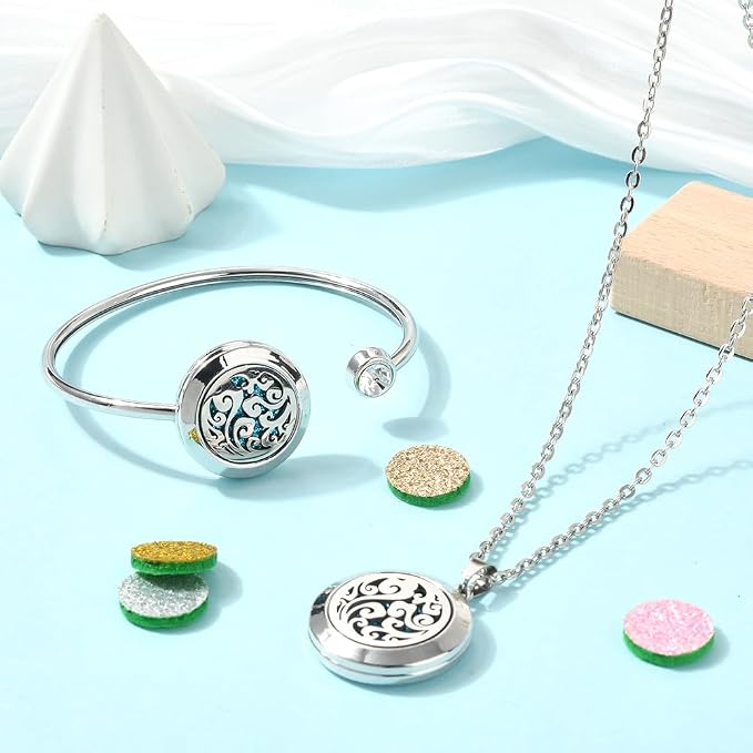SUNNYCLUE 1Pc Essential Oil Necklace 1Pc Essential Oil Diffuser Bracelet with 10Pcs Refill Pads Cloud Stainless Steel Cuff Bangle Diffuser Locket Necklaces Aromatherapy Jewelry for Women Gifts
