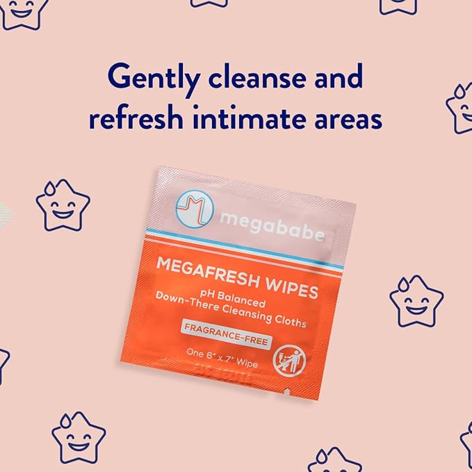 Megababe Megafresh Wipes | Unscented Cleansing Wipes for the Intimate Area | pH Balanced, Front & Back Use | 16 Individually Wrapped Wipes (Pack of 1)