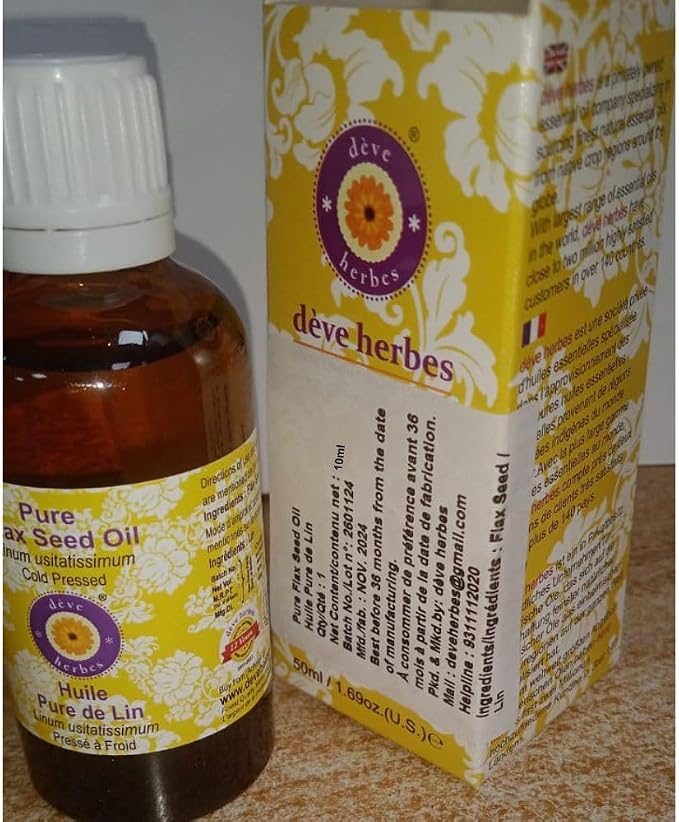 Deve Herbes Pure Flax Seed Oil (Linum usitatissimum) Natural Therapeutic Grade Cold Pressed 10ml (0.33 oz)