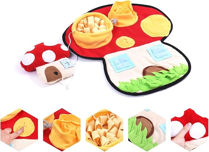 Vedem Small Animal Snuffle Mat Fleece Foraging Mats Interactive Feeding Toy Rabbit Guinea Pig Rat Hamster Anti Slip Treat Dispenser (Mushroom)