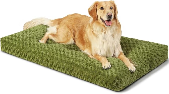 KSIIA Washable Dog Bed Medium Size Dog Crate Bed Pet Mat 35"x23" Green | Deluxe Plush Comfy Kennel Pad, Anti-Slip Bottom,Deep Sleeping Mat for Medium Dogs,Machine Washable for Easy Cleaning