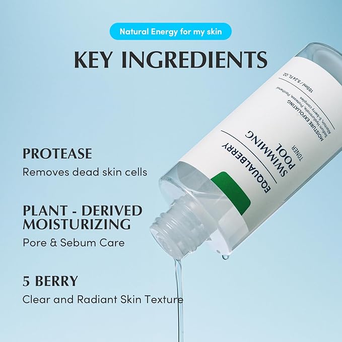 EQQUALBERRY Swimming Pool Toner - Korean Toner for Daily Exfoliating & Deep Hydration with Natural Enzyme Protease & Hyaluronic Acid, For Sensitive Skin, 5.24 Fl Oz (155ml)