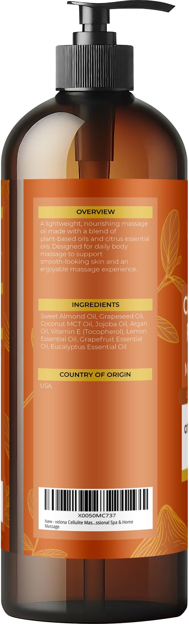 velona Cellulite Massage Oil – 16 Fl Oz | Vitamin E & Citrus Essential Oils | Massage Therapy for Legs & Body Oil | Moisturizing, Firming, Tightening, Smooth Skin | Professional Spa & Home Massage