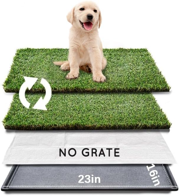 HQ4US 4LEGS Dog Grass Pad with Tray, Dog Litter Box with Artificial Grass | Small No Grate Grass Pee Pads for Dogs Potty Tray, Hemmed Edge, Realistic, Less Stink, Puppy Toilet for Indoor or Balcony