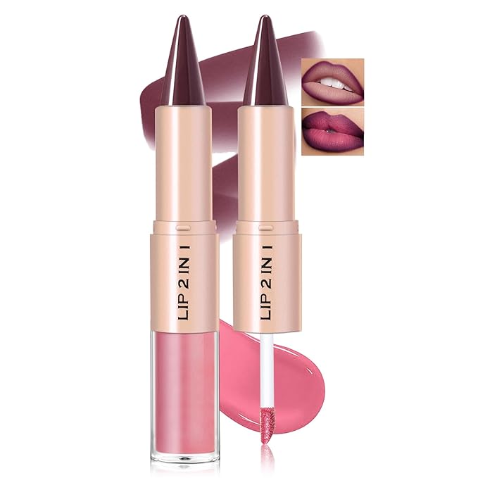 Lip Liner Gloss Lip Combo Set, 2 in 1 Lip Duo Plum Lip Liner Lipstick Matte Velvet Nude Berry Tinted Gloss Lip Kit, Smooth Quick Fuller Plumping Lip Makeup for Women02#Matte Berry