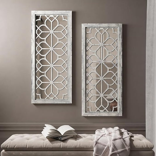 Set of 2 13x30 Inch Large Grey Shatterproof Carved Floral Wood Frame Wall Mirrors, Boho Farmhouse Rustic Accent Mirrors for Living Room Bedroom Bathroom & Home Decor