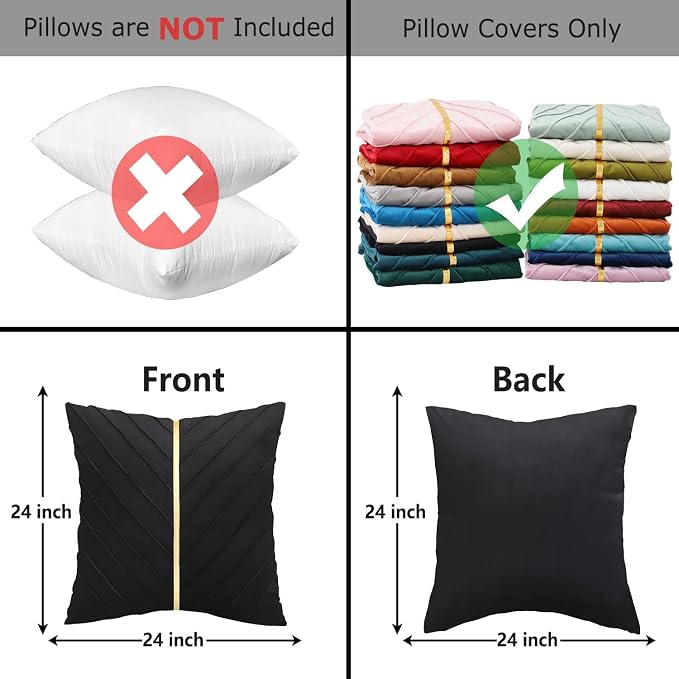 Velvet Throw Pillow Covers 24x24 inch Pack of 2 Gold Decor Black | Soft Solid Pillow Covers,Modern Luxury Home Decor,for Couch Chair Sofa Bedroom Livingroom,Hidden Zipper,Ideal Gift,Easy Care