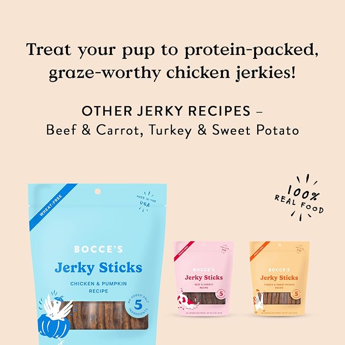 Bocce's Bakery Chicken & Pumpkin Flavor Jerky Stick Dog Treats, 4 oz | High-Protein, Wheat-Free, Limited-Ingredient Treats with No Added Salt or Sugar - Baked in The USA