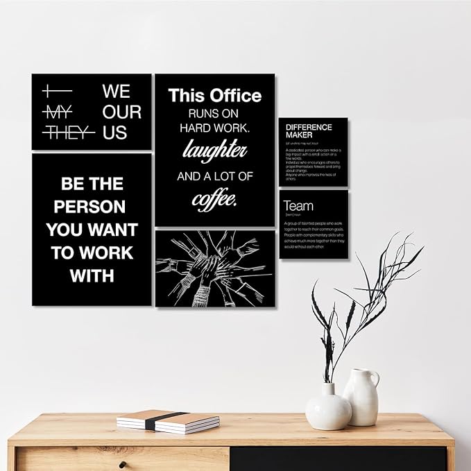 YEOION Motivational Office Wall Art,Inspirational Teamwork Wall Art for Office,Black Positive Teamwork Wall Decor for Workplace Set of 6