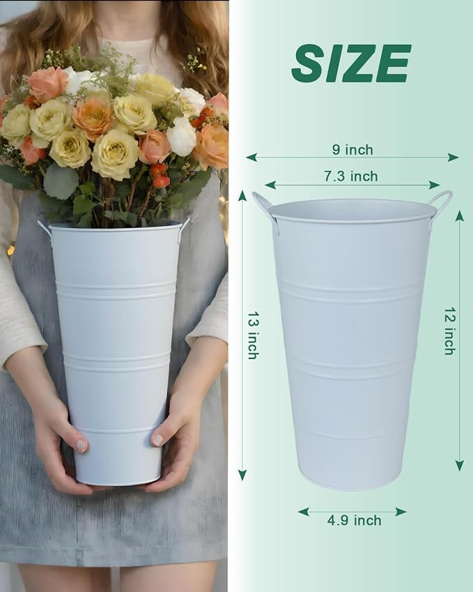 12 Inch Galvanized Metal Vase, 2 Pack Tall Flower Buckets with Handles | Galvanized metal flower buckets with handles, rustic tall vase design for dried flowers, weddings, farmhouse and home decor.