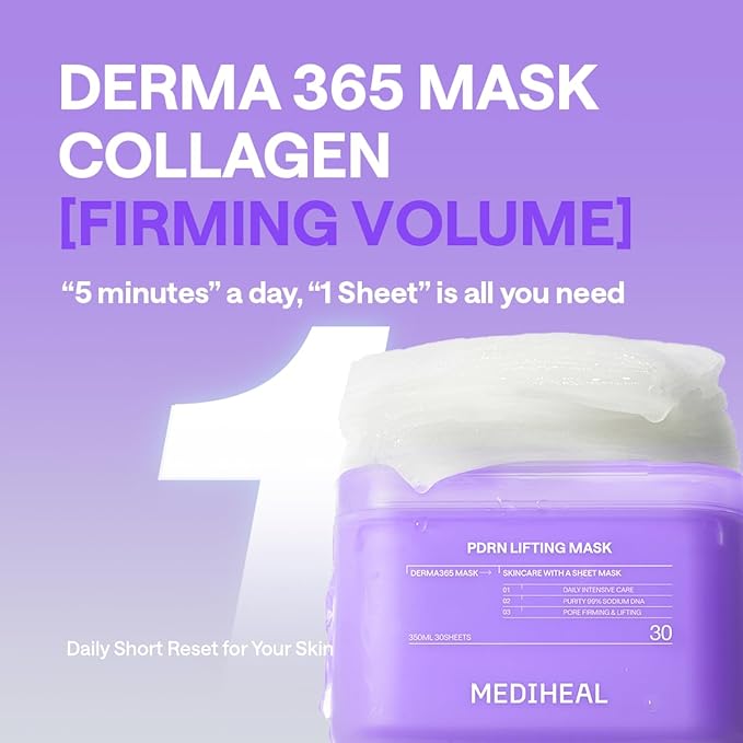 Mediheal Derma 365 Daily Mask [PDRN] 30 Sheets - Hyaluronic Acid for Deep Moisturization & Squalane for Restoring Skin Barrier, Korean Face Mask for Pore Care & Glow Skin