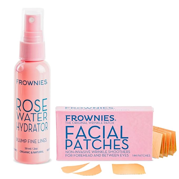 Frownies Forehead and Between The Eyes Wrinkle Patches & Rose Water Hydrator Combo - Overnight Facial Wrinkle Patches and Rose Water Spray for Face - for All Ages and Skin Types, 2oz, 144 Patches