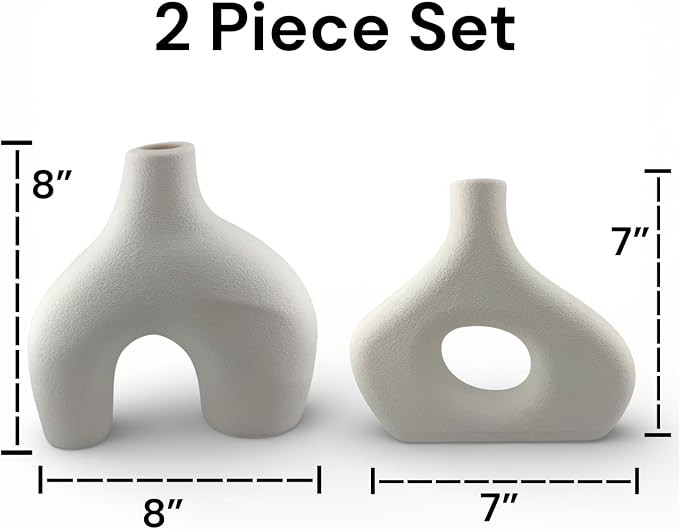 3D Printed Donut Vase Set of 2 – White Plastic Planter Vase with Drainage – Large Minimalist Nordic Hollow Design for Olive Tree, Modern Home Decor, Table, Console, Wedding (3D Printed in THE USA)