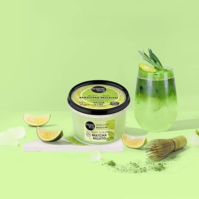 Organic Shop Matcha & Lime, Refreshing & Exfoliating Body Scrub, 100% Vegan & Organic, Daily Exfoliant, Detox & Moisturizer, Body, Face, Hand & Foot, Intensive Care & Skin Toning. 250ml.
