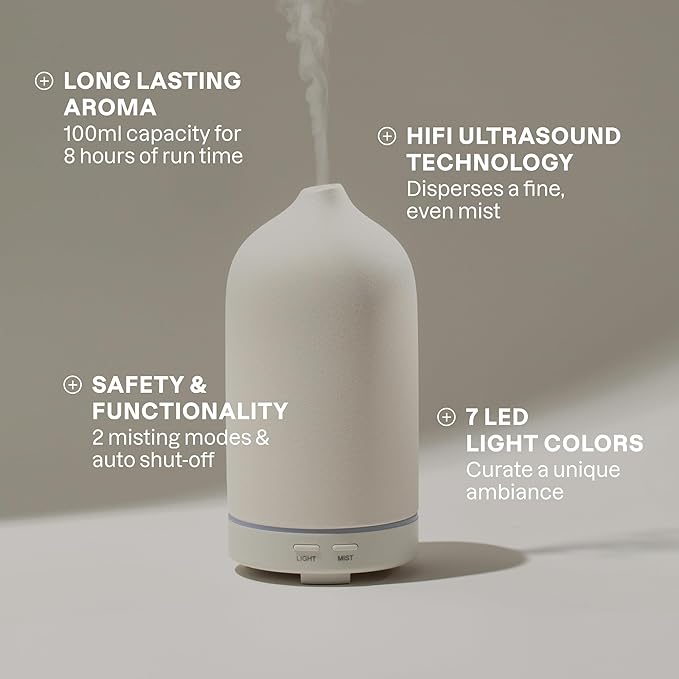 Cliganic Ceramic Diffuser (Sage), 100ml Ultrasonic for Essential Oils Aromatherapy, Home & Office