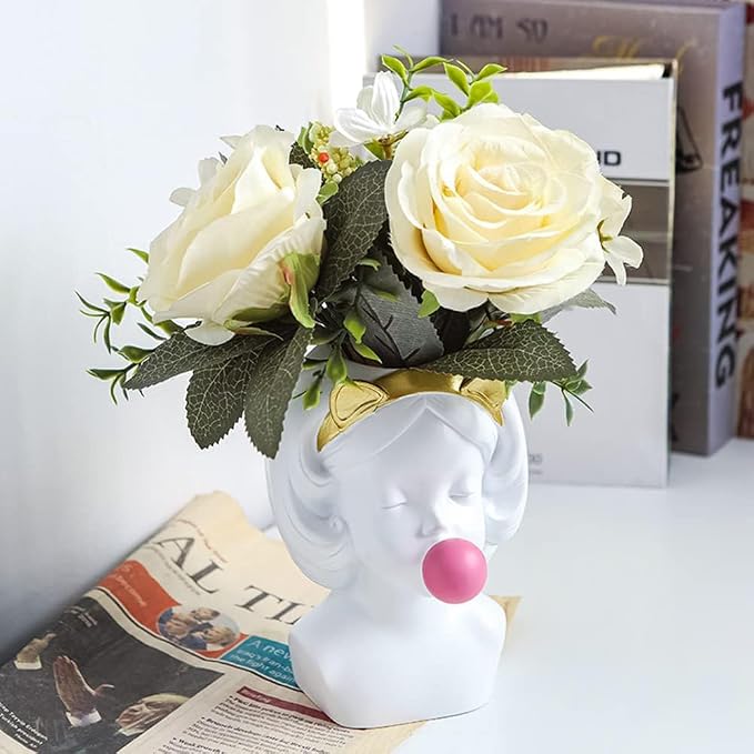 Bubble Blowing Girl Plant Pot Vase Cute Flower Vase Funny Planter Flowerpot Cactus Succulent Planting Pot Makeup Brush Holder Tabletop Storage Jar Art Figurine Statue Home Office Decoration