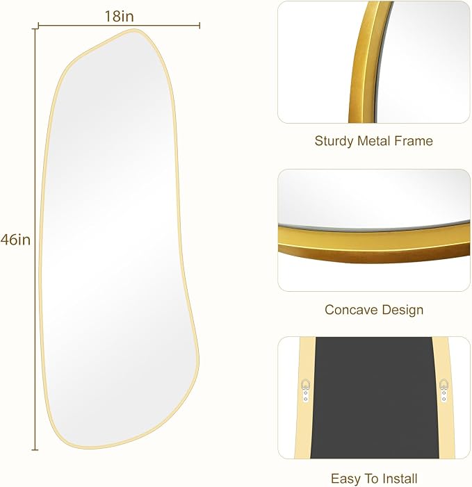 Irregular Wall Mirror, Asymmetrical Mirror Wall Mounted with Gold Framed for Living Room, Bathroom, Bedroom, Entryway Wall Decor, 46"×18", Gold