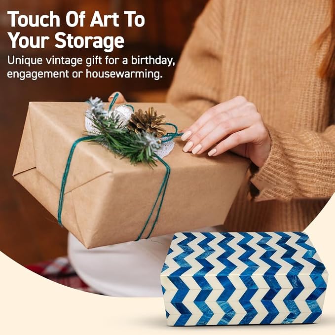 Perilla Home ﻿Home Decor Decorative Storage Wooden Box Small Wooden Organizer Tool Stash Card Craft Trinket Memory Keepsake Jewelry Box for Men and Women, Chevron, Gifts For All, Blue and Off White