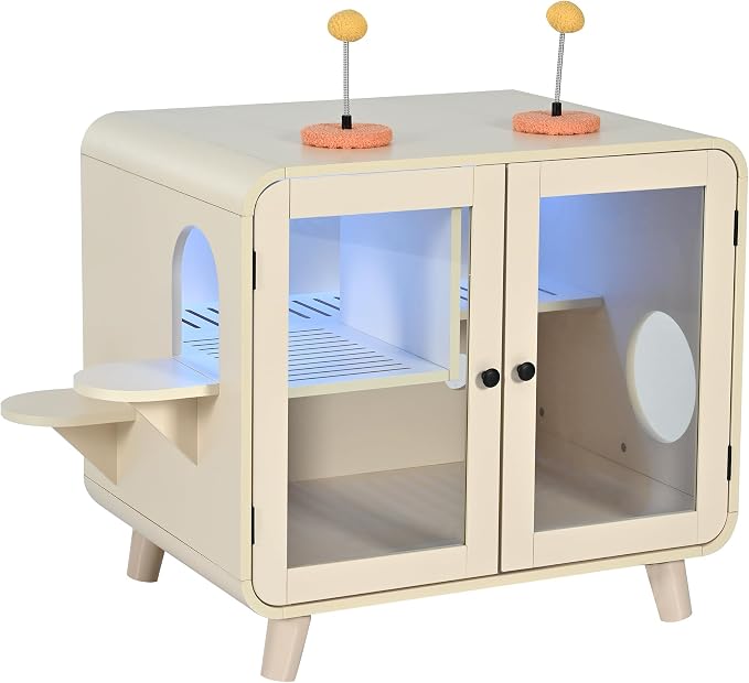 TV-Style Cat Cabinet with Side Steps, Litter Walkway, Dual Glass Doors, RGB Ambient Lighting, Interactive Pom-Pom Toys, Indoor Cat House Side Table, MDF & Glass Construction, Beige