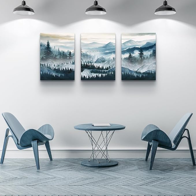 MHARTK66 Wall Art for Bedroom,Mountain Landscape Wall Decor,Large Foggy Forest Artwork for Walls, 3 Piece Nature Paintings Prints for Living Room Hallway Office Kitchen Home Decorations, 12x16 Inch