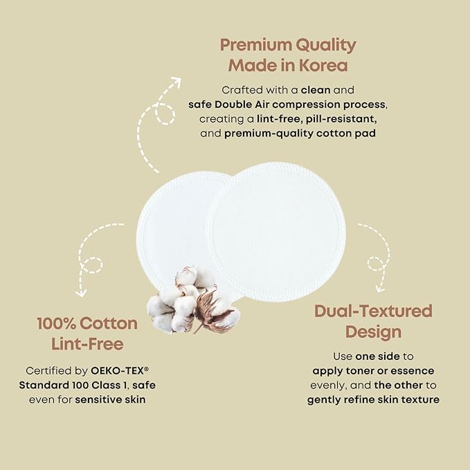 Double Air Cotton Pads - Premium Korean Facial Cotton Rounds for Makeup Removal and Skincare, Lint-Free, Hypoallergenic, 70 Count