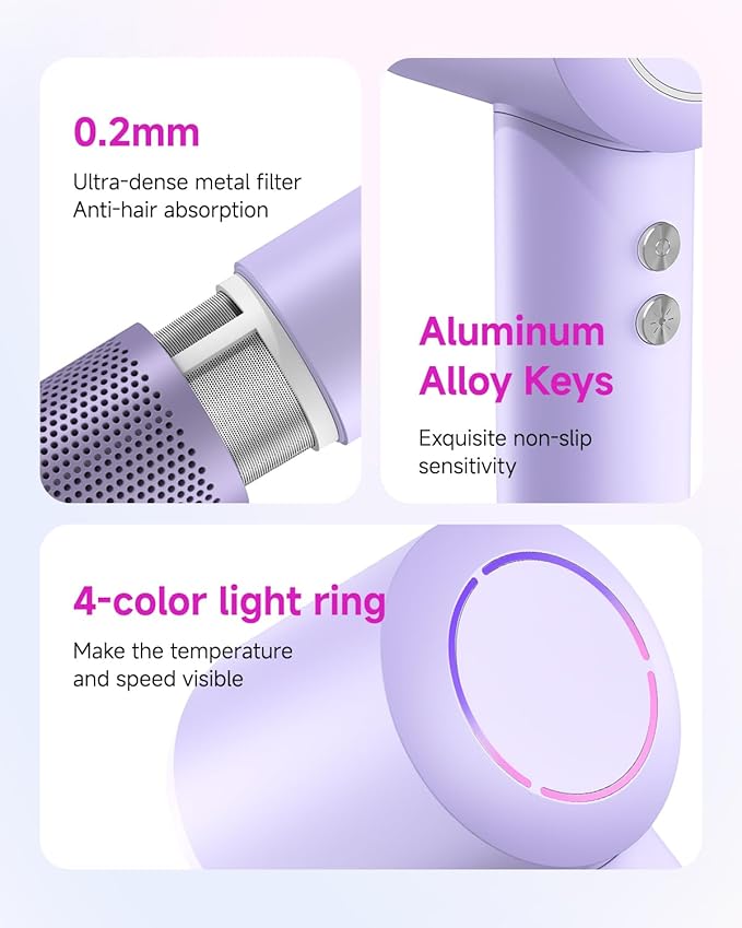 PLUZZ Ionic Hair Dryer with Diffuser, Professional High-Speed Blow Dryer for Women & Men, 110,000 RPM Brushless Motor Fast Drying & Low Noise, Thermo-Control, Lightweight for Travel/Home (Pink)