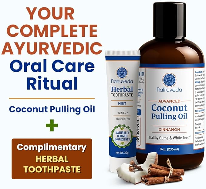 Natruveda Cinnamon Coconut Pulling Oil, 8 oz | Advanced Ayurvedic Oil Pulling Mouthwash with Virgin Coconut Oil, Clove & Sesame | Alcohol-Free Oral Care | with 20g Herbal Toothpaste