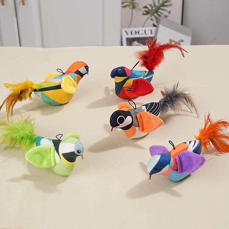 Interactive Chirping Bird Cat Toy, Hanging Door Suction Cup Teaser with Elastic Cord, Plush Feather Swing Toy for Indoor Cats, Exercise and Boredom Relief