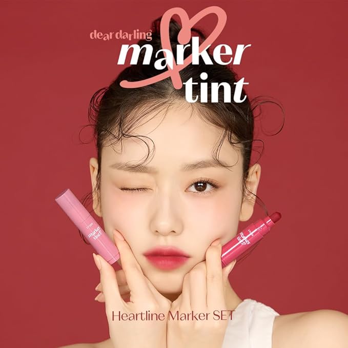 ETUDE Dear Darling Marker Tint Raspberry Pop+Mono Plum set (2 pcs) | Hydrating & Long Lasting Lip Stain | High Pigmented Lip Maker with Easy Drawing Tip | Korean Daily Lip Tint, Korean Makeup, Kbeauty