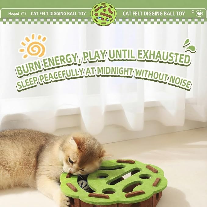 Puzzle Cat Toy for Indoor Cats, Treat Hiding Interactive Cat Enrichment Toy for Boredom and Mental Stimulation, Quiet Felt Design with Bell Balls, Non-Toxic Materials