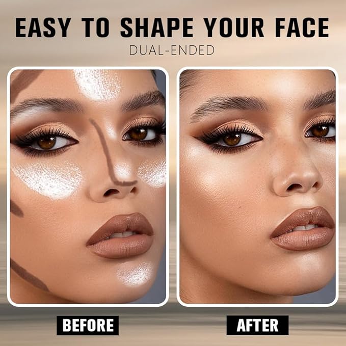 Nuetral Nude + Silver Shimmer Contour Stick Dual Ended Face Body Makeup Waterproof no Transfer, 2 in 1 Cream Concealer Stick Contouring Makeup Kit, Nose Contour Bronzer Sticks Face Highlighter Make up