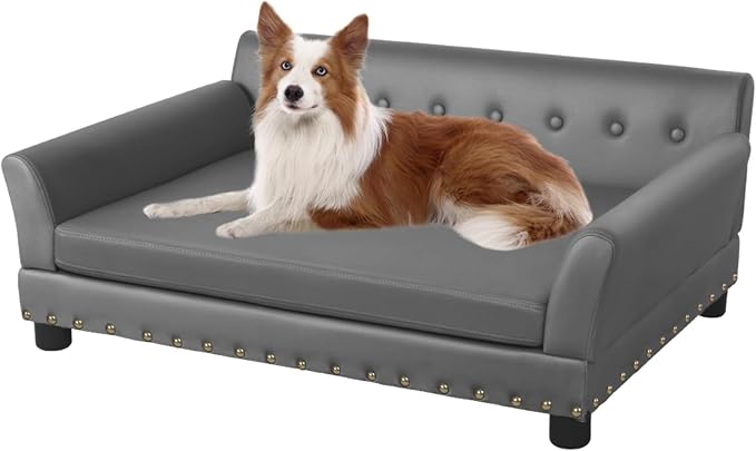Large Leather Dog Sofa: Scratch Resistant Pet Couch up to 77lbs | Luxury Modern Indoor Large Dog Furniture, Elevated Wooden Frame Doggie Lounge Bed, Replaceable Cover, Easy Clean, Gray
