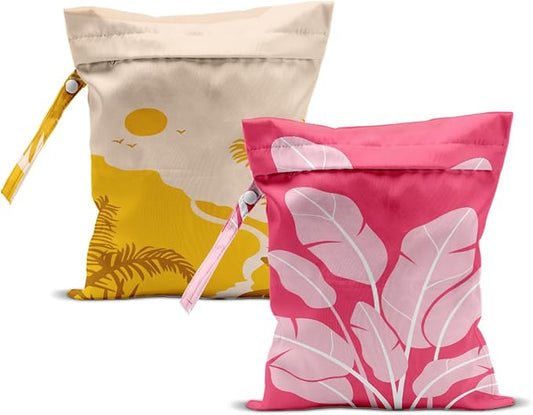ZHAMEN 2Pcs Wet Bag, Wet Dry Bag Reusable with Zipper, Travel, Beach, Pool, Diapers, Dirty Yoga Gym Clothes, Makeup Bag, Waterproof Wetdry Packing, Pink Leaves Dusk Decore (12x10 Inch)