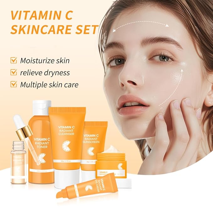 6PCS Hydrating Skin Care Set with Vitamin C,Face Care Kit Includes Serum,Face Cream,Eye Cream,Toner,Sunscreen,Cleanser,Face Care Set for Women,Unique Gift
