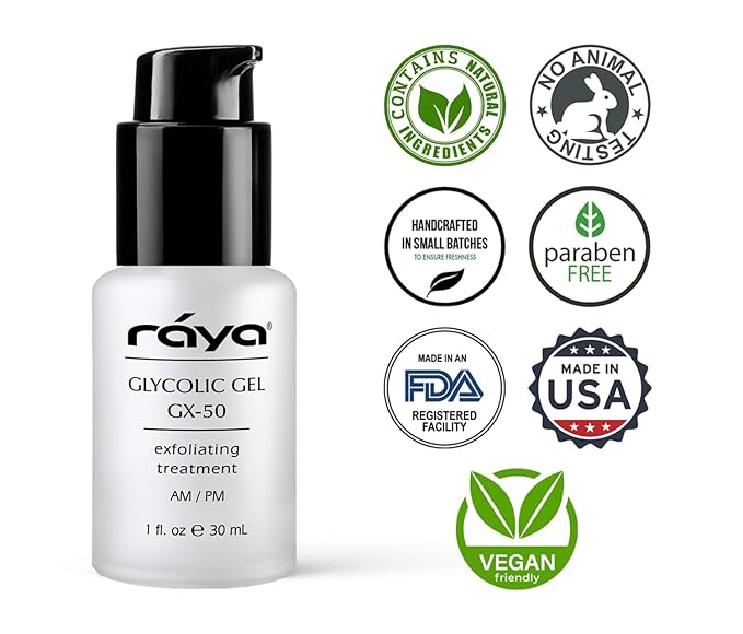 Raya Glycolic Gel GX-50 | Face Exfoliator & Serum | Against-Wrinkle Facial Serums with AHA for Oily & Break-Out Skin | Clears Blemishes, Reduces Oiliness & Fine Lines