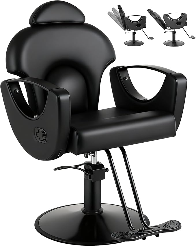 All Black Salon Chair Reclining Hair Chair for Hair Stylist, Heavy Duty Hydraulic Pump Barber Chairs, 360 Swivel Styling Chairs for Home Barbershop Beauty Spa Equipment
