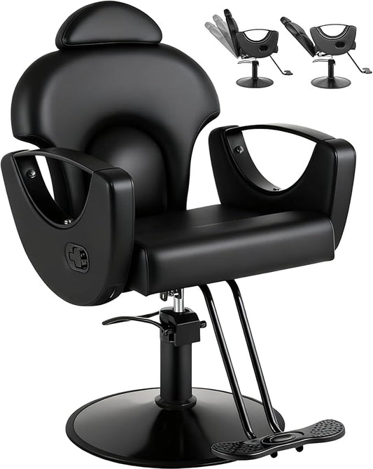 All Black Salon Chair Reclining Hair Chair for Hair Stylist, Heavy Duty Hydraulic Pump Barber Chairs, 360 Swivel Styling Chairs for Home Barbershop Beauty Spa Equipment