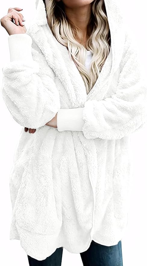 Zilcremo Women Hooded Cardigan Fuzzy Jacket Winter Open Front Fleece Coat Outwear with Pockets